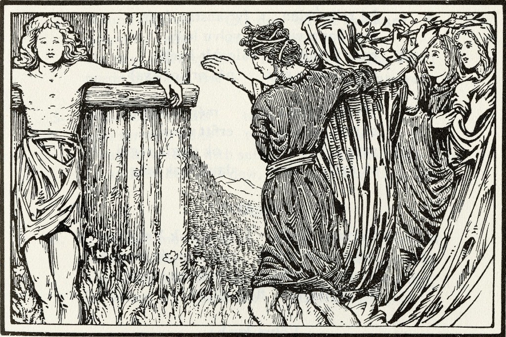 W. G. Collingwood's illustration depicts Loki who is about to guide Hoðr´s arm to throw a spear made of mistletoe at Baldr.