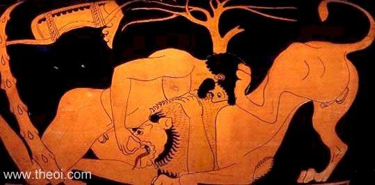 Heracles wrestling the Nemean Lion, Attic red-figure vase painting, circa 490 BC