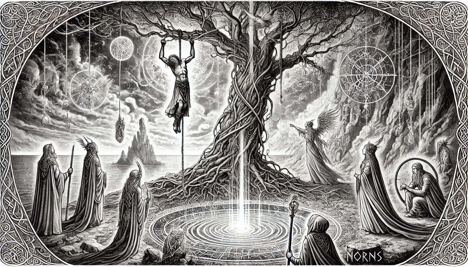 Odin hanging from Yggdrasil’s branches watched by the Norns.